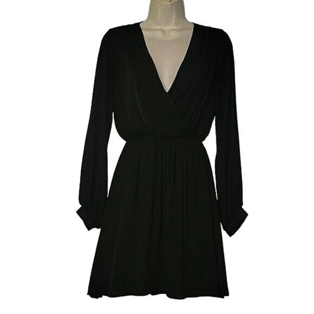 Lush Black Long Sleeve V-Neck Surplice Mini Dress ‎ XS retro contemporary office